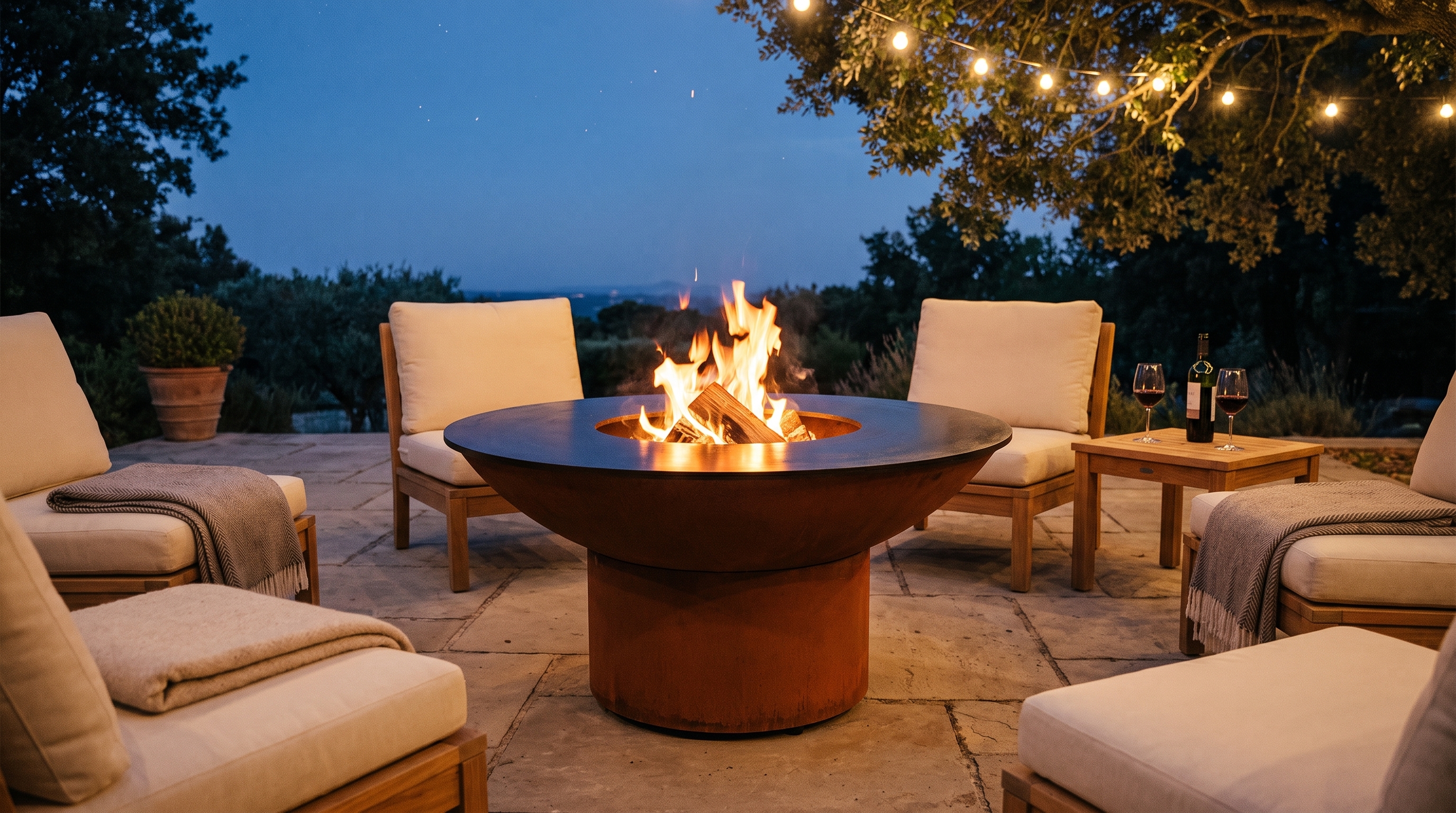 Arteflame grill with a round Corten steel base used as a wood-burning fire pit at night on a garden terrace, surrounded by teak lounge chairs, blankets and string lights