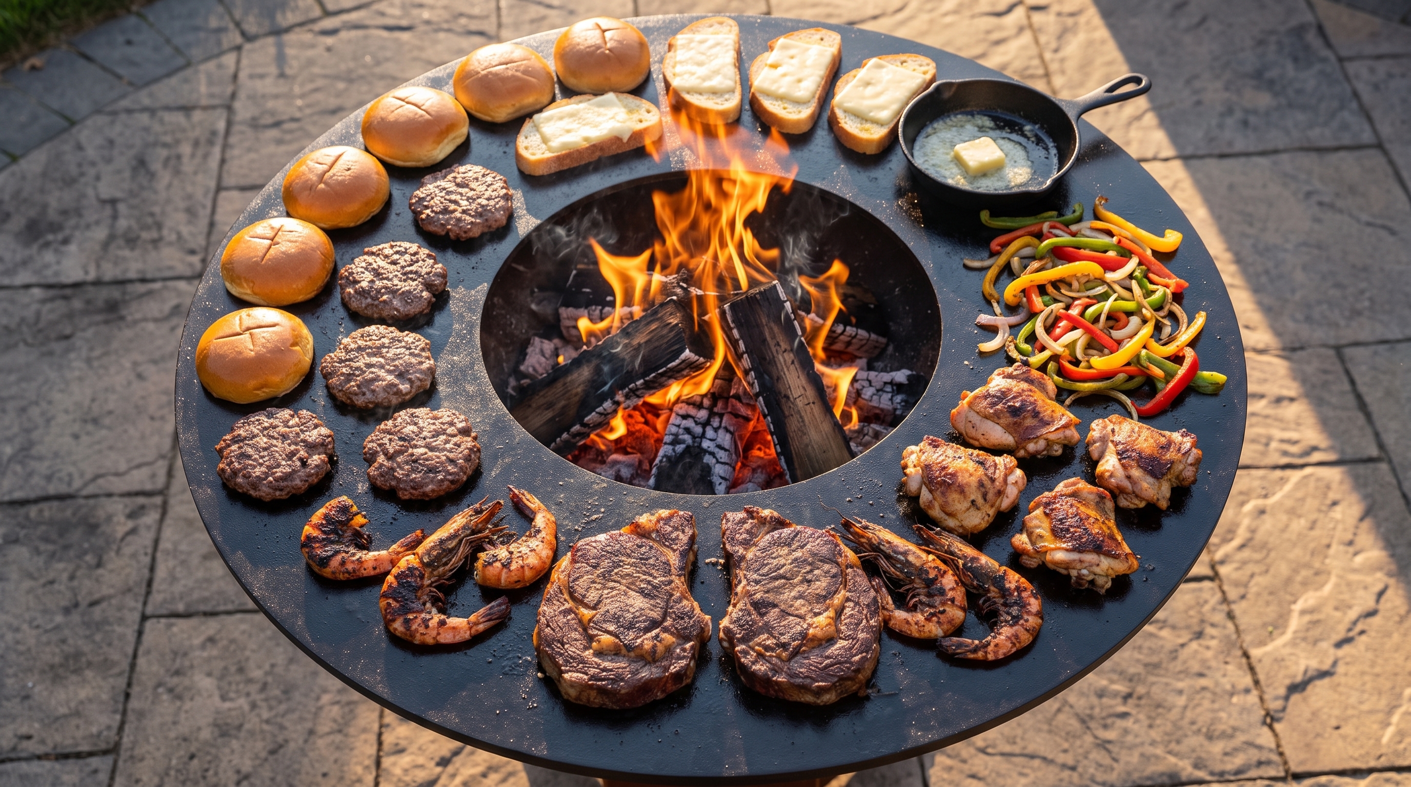 Overhead view of a round steel cooking ring around a central wood fire with steaks, shrimp, burgers, chicken and vegetables