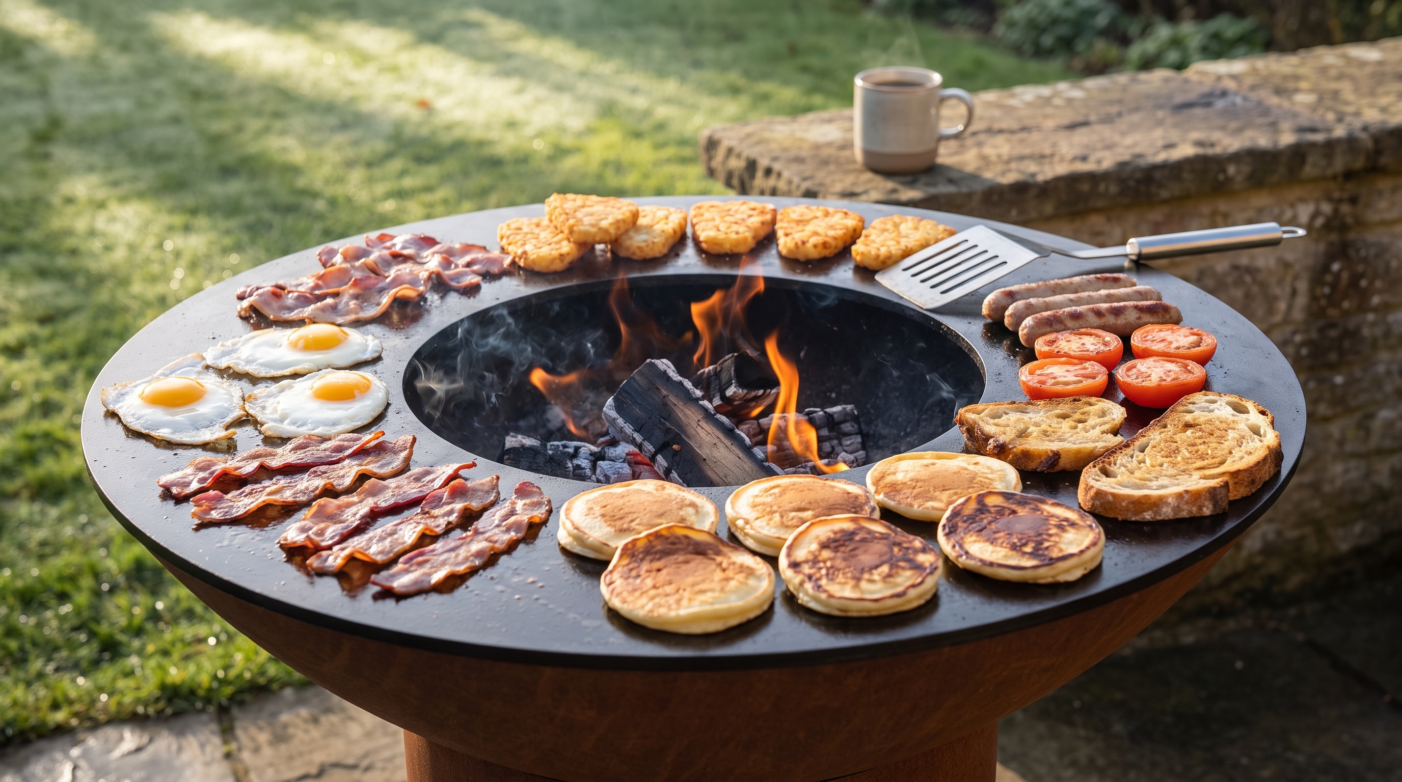 Wood-fired breakfast on an Arteflame steel cooktop: fried eggs, bacon, pancakes, hash browns and sausages cooking around a small center fire in the morning